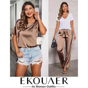 Ekouaer Womens Silk Satin Pajamas Set Two Piece Pj Sets Sleepwear Loungewear Short Sleeve Pj Sets Coffee