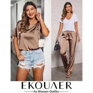 Ekouaer Womens Silk Satin Pajamas Set Two Piece Pj Sets Sleepwear Loungewear Short Sleeve Pj Sets Coffee