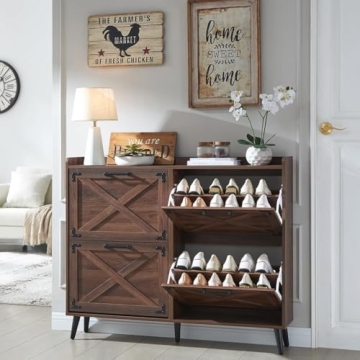 Barnyatoh Shoe Storage Cabinet - Farmhouse Stylish Organizer with 4 Flip Drawers