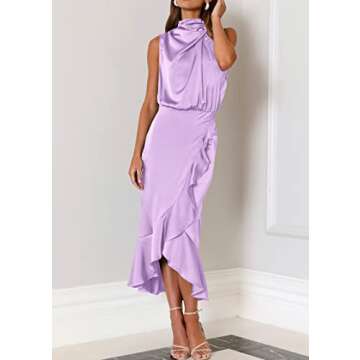 KIRUNDO Womens 2025 Summer Satin Mock Neck Wedding Guest Party Cocktail Midi Dress Sleeveless Wrap Ruffle Formal Dresses(Purple, Large)