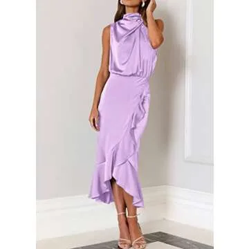 KIRUNDO Womens 2025 Summer Satin Mock Neck Wedding Guest Party Cocktail Midi Dress Sleeveless Wrap Ruffle Formal Dresses(Purple, Large)