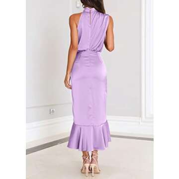 KIRUNDO Womens 2025 Summer Satin Mock Neck Wedding Guest Party Cocktail Midi Dress Sleeveless Wrap Ruffle Formal Dresses(Purple, Large)