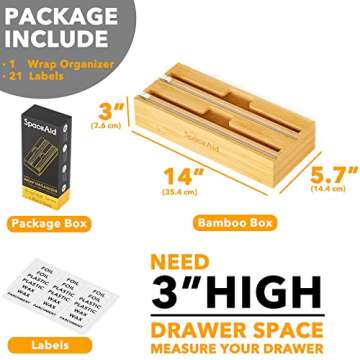 SpaceAid WrapNeat 2 in 1 Wrap Organizer with Cutter and Labels, Plastic Wrap, Aluminum Foil and Wax Bamboo Dispenser for Kitchen Storage Organization Holder for 12" Roll (Natural, 2-Slot)