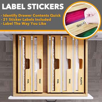 SpaceAid WrapNeat 2 in 1 Wrap Organizer with Cutter and Labels, Plastic Wrap, Aluminum Foil and Wax Bamboo Dispenser for Kitchen Storage Organization Holder for 12" Roll (Natural, 2-Slot)