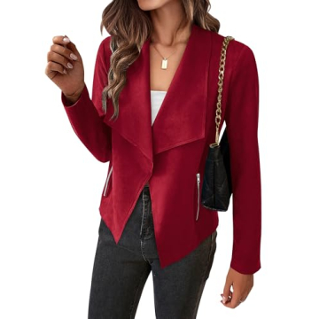 BTFBM Womens Faux Suede Jackets Dressy Spring Summer Clothes 2025 Lapel Long Sleeve Open Front Cropped Outerwear Coats(Solid Red, Large)