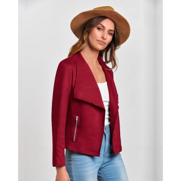 BTFBM Womens Faux Suede Jackets Dressy Spring Summer Clothes 2025 Lapel Long Sleeve Open Front Cropped Outerwear Coats(Solid Red, Large)