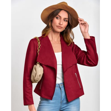 BTFBM Womens Faux Suede Jackets Dressy Spring Summer Clothes 2025 Lapel Long Sleeve Open Front Cropped Outerwear Coats(Solid Red, Large)