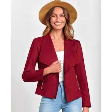 BTFBM Womens Faux Suede Jackets Dressy Spring Summer Clothes 2025 Lapel Long Sleeve Open Front Cropped Outerwear Coats(Solid Red, Large)
