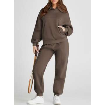 Aleumdr Womens 2 Piece Outfits Matching Sets Sweatsuit Hoodie Sweatshirts and Sweatpants Tracksuits Joggers Sweat Sets 2024 Fall Comfy Clothes Airport Travel Lounge Sets Brown Medium