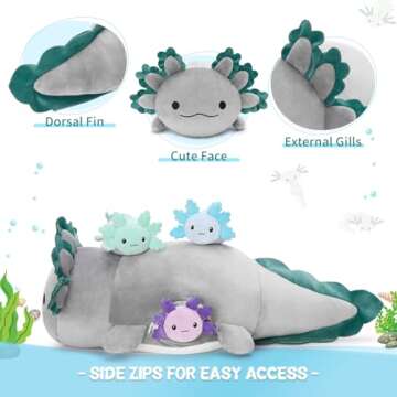 BENINY 4Pcs Axolotl Plush, Long Axolotl Stuffed Animal Mommy 24 inch with 3 Baby Axolotl Plushies in Tummy, Axolotl Plushie Pillow Gifts for Kids Girls Boys