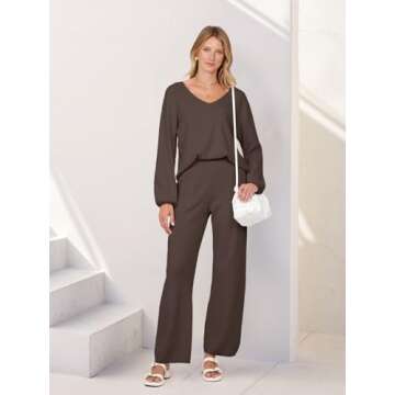 MEROKEETY Matching Sets for Women 2024 Casual Long Balloon Sleeve Knitted Top Wide Leg Pant Sweatsuit,Coffee,L