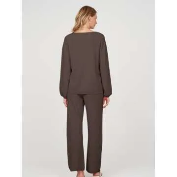 MEROKEETY Matching Sets for Women 2024 Casual Long Balloon Sleeve Knitted Top Wide Leg Pant Sweatsuit,Coffee,L