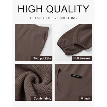 MEROKEETY Matching Sets for Women 2024 Casual Long Balloon Sleeve Knitted Top Wide Leg Pant Sweatsuit,Coffee,L