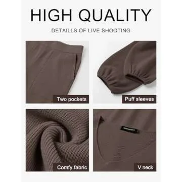 MEROKEETY Matching Sets for Women 2024 Casual Long Balloon Sleeve Knitted Top Wide Leg Pant Sweatsuit,Coffee,L