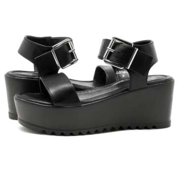 Herstyle Carita Womens Platform Sandals Open Toe Ankle Strap Flatform Wedge Casual Sandal Black White Chunky Platform Sandals Comfortable Lightweight Lug Sole Wedges for Summer, Black, Size 6.0