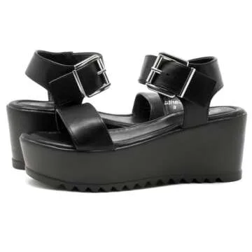 Herstyle Carita Womens Platform Sandals Open Toe Ankle Strap Flatform Wedge Casual Sandal Black White Chunky Platform Sandals Comfortable Lightweight Lug Sole Wedges for Summer, Black, Size 6.0