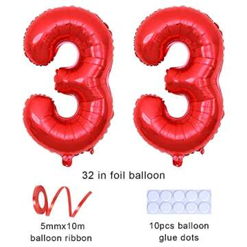 Yijunmca Red 33 Number Balloons Giant Jumbo Number 33 32" Helium Balloon Hanging Balloon Foil Mylar Balloons for Women Men 33rd Birthday Party Supplies 33 Anniversary Events Decorations, 33 Red