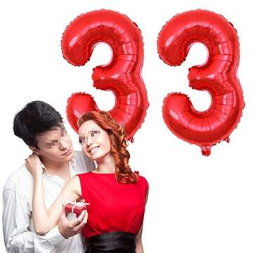 Yijunmca Red 33 Number Balloons Giant Jumbo Number 33 32" Helium Balloon Hanging Balloon Foil Mylar Balloons for Women Men 33rd Birthday Party Supplies 33 Anniversary Events Decorations, 33 Red