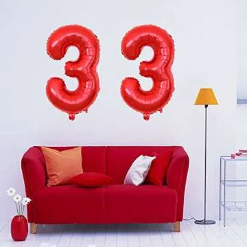 Yijunmca Red 33 Number Balloons Giant Jumbo Number 33 32" Helium Balloon Hanging Balloon Foil Mylar Balloons for Women Men 33rd Birthday Party Supplies 33 Anniversary Events Decorations, 33 Red