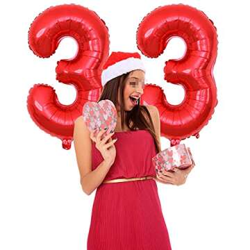 Yijunmca Red 33 Number Balloons Giant Jumbo Number 33 32" Helium Balloon Hanging Balloon Foil Mylar Balloons for Women Men 33rd Birthday Party Supplies 33 Anniversary Events Decorations, 33 Red