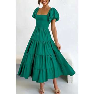 PRETTYGARDEN Women's Casual Summer Midi Dress Puffy Short Sleeve Square Neck Smocked Tiered Ruffle Dresses (Dark Green,Medium)
