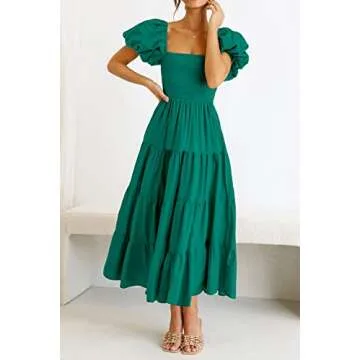 PRETTYGARDEN Women's Casual Summer Midi Dress Puffy Short Sleeve Square Neck Smocked Tiered Ruffle Dresses (Dark Green,Medium)