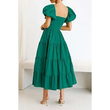 PRETTYGARDEN Women's Casual Summer Midi Dress Puffy Short Sleeve Square Neck Smocked Tiered Ruffle Dresses (Dark Green,Medium)