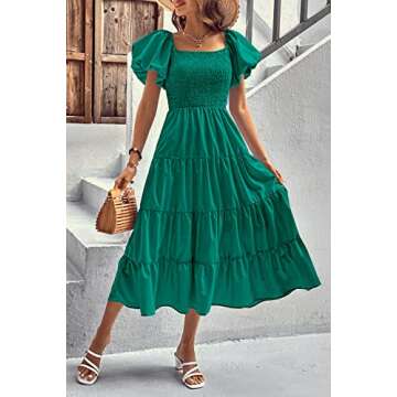 PRETTYGARDEN Women's Casual Summer Midi Dress Puffy Short Sleeve Square Neck Smocked Tiered Ruffle Dresses (Dark Green,Medium)