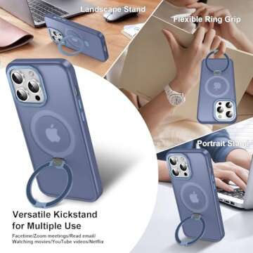 Lufanbis Magnetic for iPhone 14 Pro Case with Ring Stand, [10 FT Drop Protection] [Velvety Touch] Slim Translucent Matte Back Shockproof Phone Case for iPhone 14 Pro 6.1'', Sierra Blue