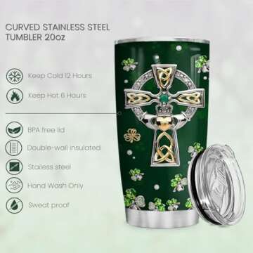 Wassmin St Patricks Day Tumbler Jewelry Style Irish Fact Celtic Cross Stainless Steel Tumbler 20 Oz Cup with Lid Travel Mug Saint Paddy's Day Gifts for Irish Women Men Family Friends