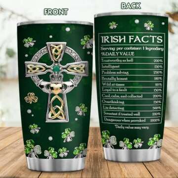 Wassmin St Patricks Day Tumbler Jewelry Style Irish Fact Celtic Cross Stainless Steel Tumbler 20 Oz Cup with Lid Travel Mug Saint Paddy's Day Gifts for Irish Women Men Family Friends