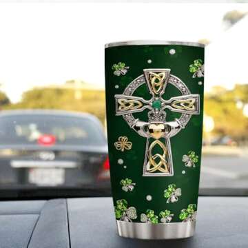 Wassmin St Patricks Day Tumbler Jewelry Style Irish Fact Celtic Cross Stainless Steel Tumbler 20 Oz Cup with Lid Travel Mug Saint Paddy's Day Gifts for Irish Women Men Family Friends