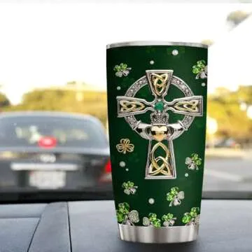 Wassmin St Patricks Day Tumbler Jewelry Style Irish Fact Celtic Cross Stainless Steel Tumbler 20 Oz Cup with Lid Travel Mug Saint Paddy's Day Gifts for Irish Women Men Family Friends