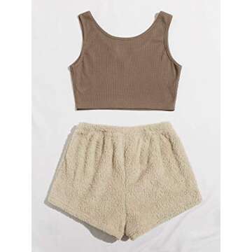 Milumia Womens Two Piece Pajamas Crop Tank Top Tie Waist Fluffy Teddy Shorts Lounge Set (A Brown and Beige, Medium)