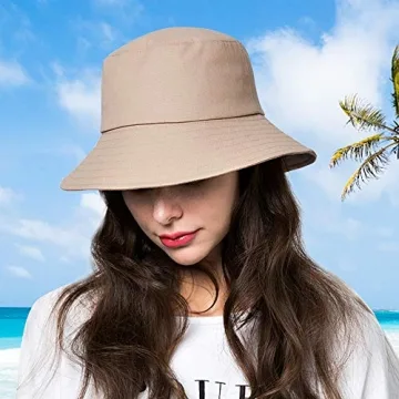 Khaki Bucket Hats for Women Sun Beach Hat Teens Girls Wide Brim Summer Fisherman's Caps UPF 50+（A4-Khaki）