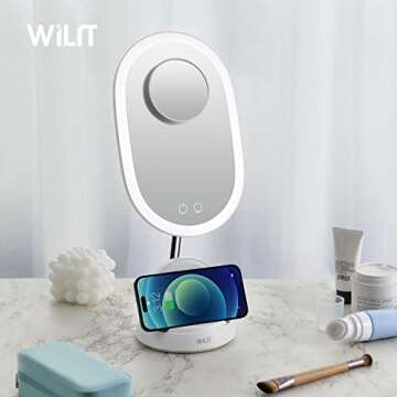 WILIT Vanity Mirror with 9 Adjustable Lighting Mode for Colour-Correction View, Detachable Magnifying(3X) Mirror for Detail Makeup, Cellphone Wireless Charger, Adjustable Mirror Angle