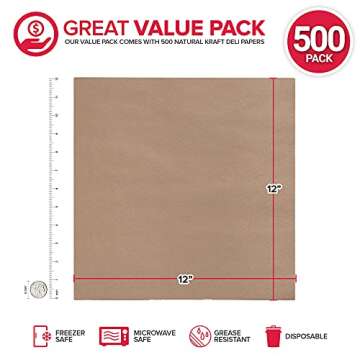 Stock Your Home 12 x 12 Grease Proof Deli Wrappers (500 Pack) - Pre Cut Natural Wax Paper Sheets - Recyclable Food Basket Liners -Kraft Deli Squares For Sandwiches, Lining Wire Food Baskets, Food Tray