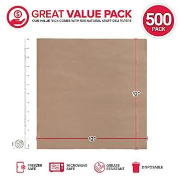 Stock Your Home 12 x 12 Grease Proof Deli Wrappers (500 Pack) - Pre Cut Natural Wax Paper Sheets - Recyclable Food Basket Liners -Kraft Deli Squares For Sandwiches, Lining Wire Food Baskets, Food Tray