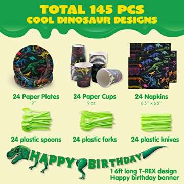 JOYIN 145 Piece Dinosaur Birthday Party Supplies with Trex Banner, 24 Serves dinosaur Disposable Tab...