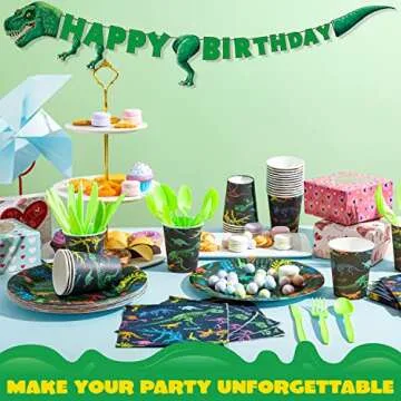 JOYIN 145 Piece Dinosaur Birthday Party Supplies with Trex Banner, 24 Serves dinosaur Disposable Tableware Set with Plates, Cups, Napkins, and Cutlery Sets for Dinosaur Themes Party Kids Years