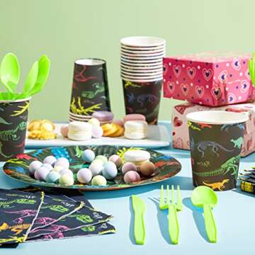 JOYIN 145 Piece Dinosaur Birthday Party Supplies with Trex Banner, 24 Serves dinosaur Disposable Tableware Set with Plates, Cups, Napkins, and Cutlery Sets for Dinosaur Themes Party Kids Years