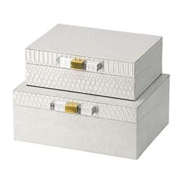 A & B Home Set of 2 White and Gold Contemporary Rectangular Snakeskin Decorative Boxes 10"