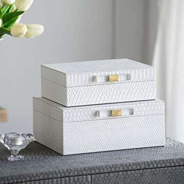 A & B Home Set of 2 White and Gold Contemporary Rectangular Snakeskin Decorative Boxes 10"