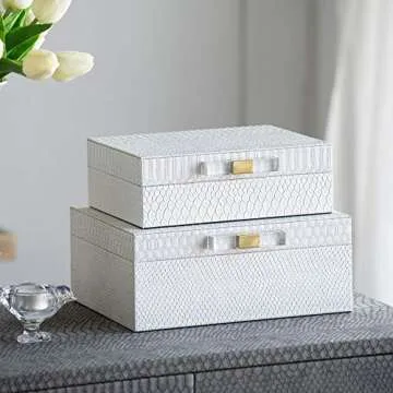 A & B Home Set of 2 White and Gold Contemporary Rectangular Snakeskin Decorative Boxes 10"