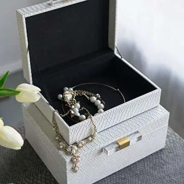 A & B Home Set of 2 White and Gold Contemporary Rectangular Snakeskin Decorative Boxes 10"