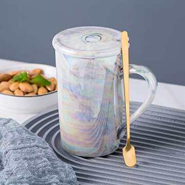 KEYIGOU Marble Coffee Mug with Lid & Spoon – Perfect Gift