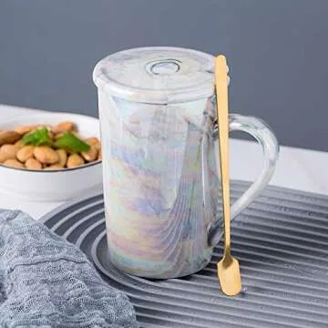 KEYIGOU Marble Coffee Mug with Lid & Spoon – Perfect Gift