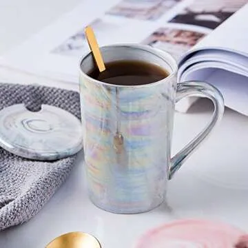 KEYIGOU Marble Coffee Mug with Lid & Spoon – Perfect Gift