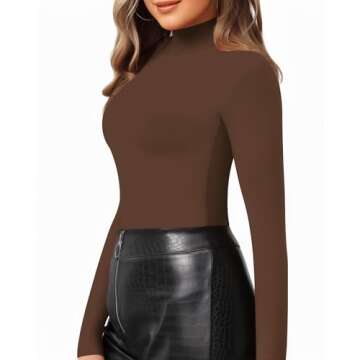MANGOPOP Women's Mock Turtle Neck Slim Fit Long Half Short Sleeve T-Shirt Coffee