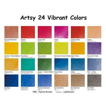 Artsy Artist Grade Watercolor Paint Set - 24 Colors and Water Brush in A Metal Case with Palette Perfect for Artists, Hobbyists, Students